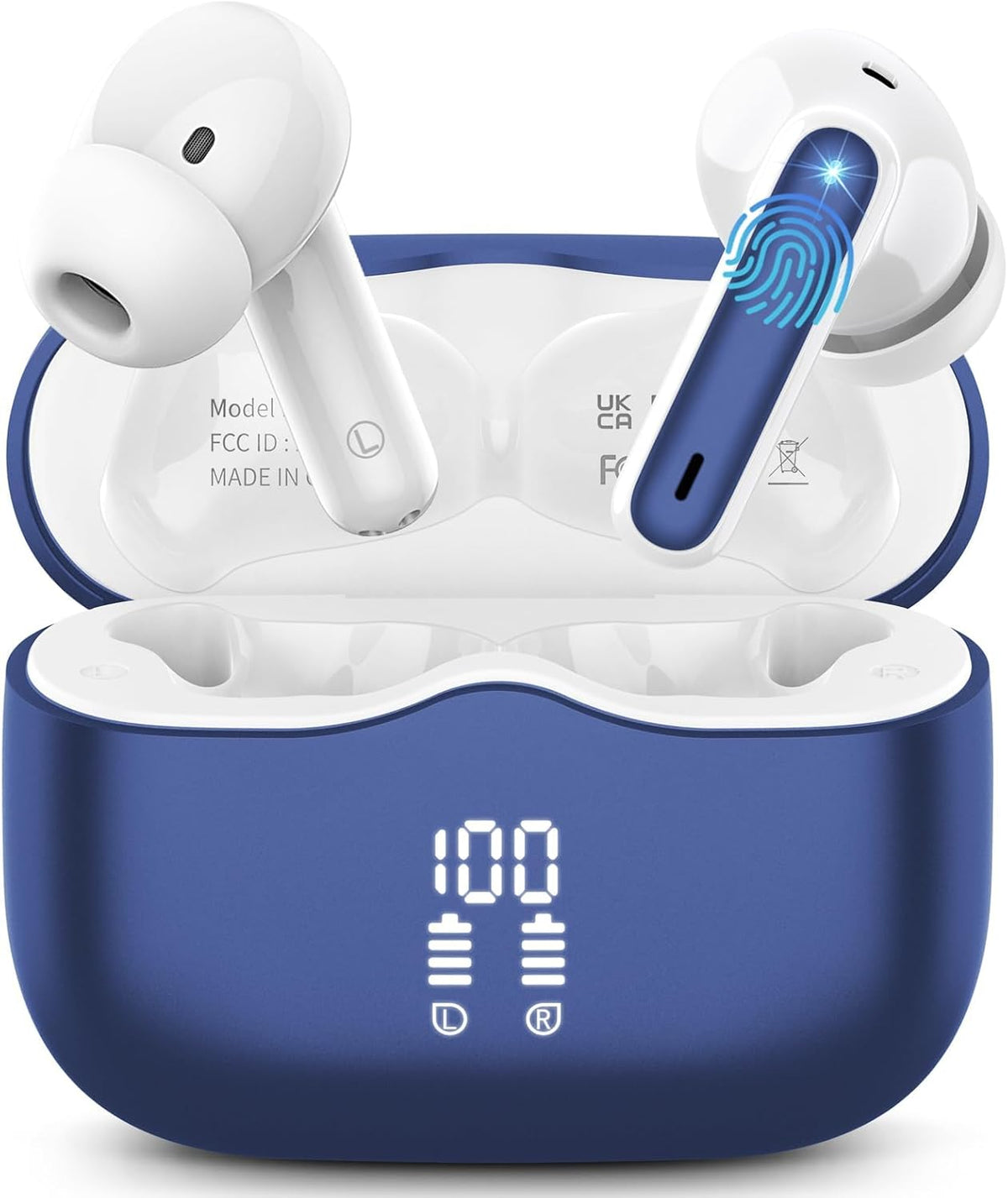 Wireless earbuds with a blue charging case displaying battery level.