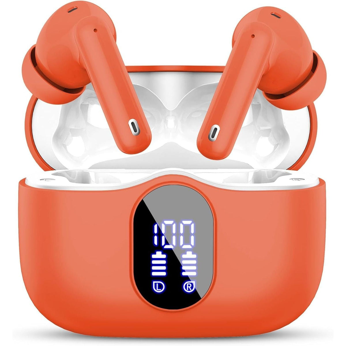 Orange wireless earbuds with charging case on a white background