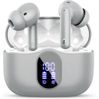 Wireless earbuds with charging case on a white background