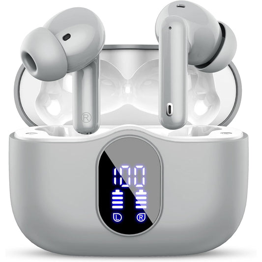 Wireless earbuds with charging case on a white background
