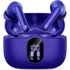 Blue wireless earbuds with charging case on a white background