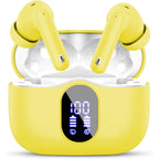 Yellow wireless earbuds with charging case on a white background