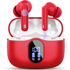 Red wireless earbuds with charging case on a white background