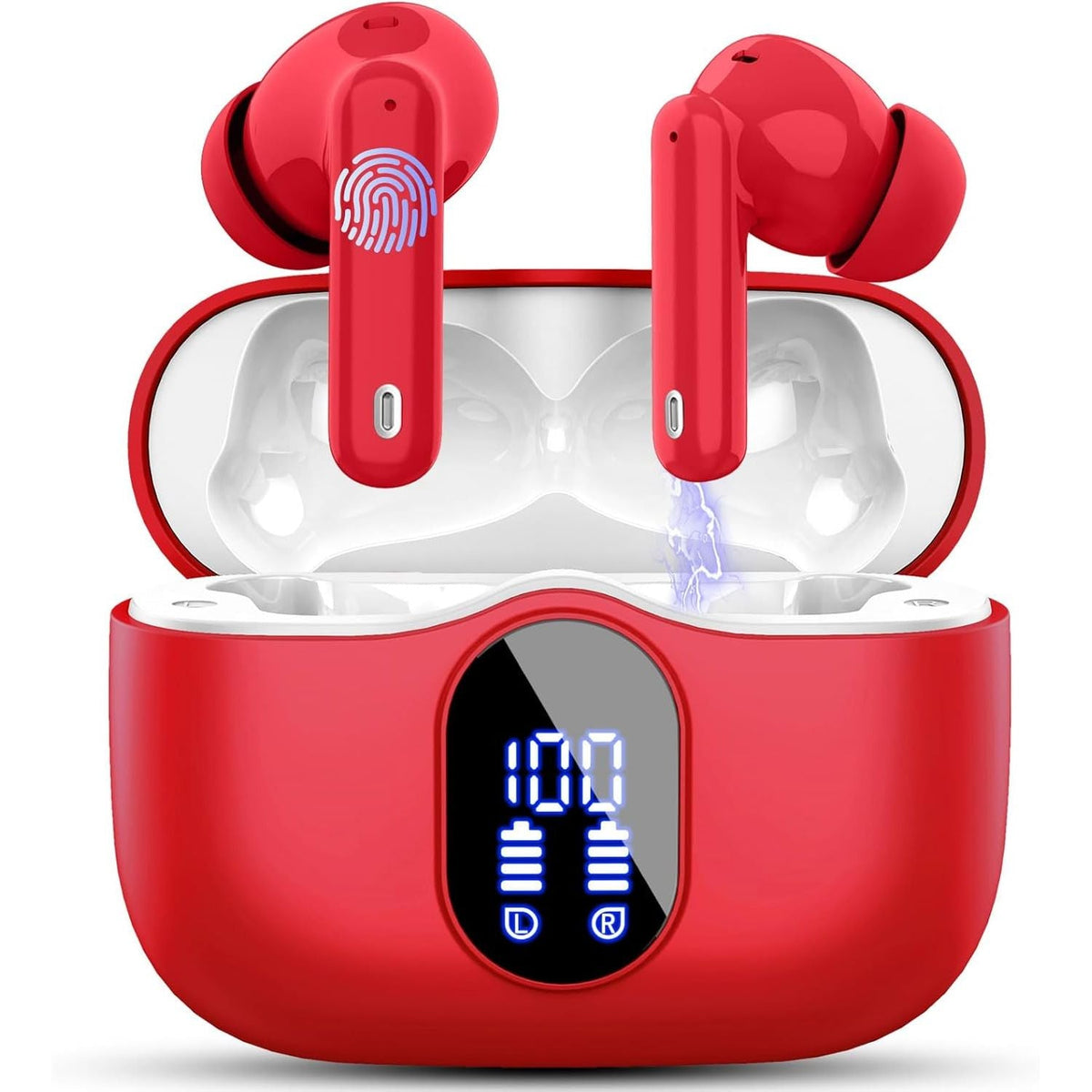 Red wireless earbuds with charging case on a white background