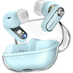 Light blue wireless earbuds with charging case on a white background