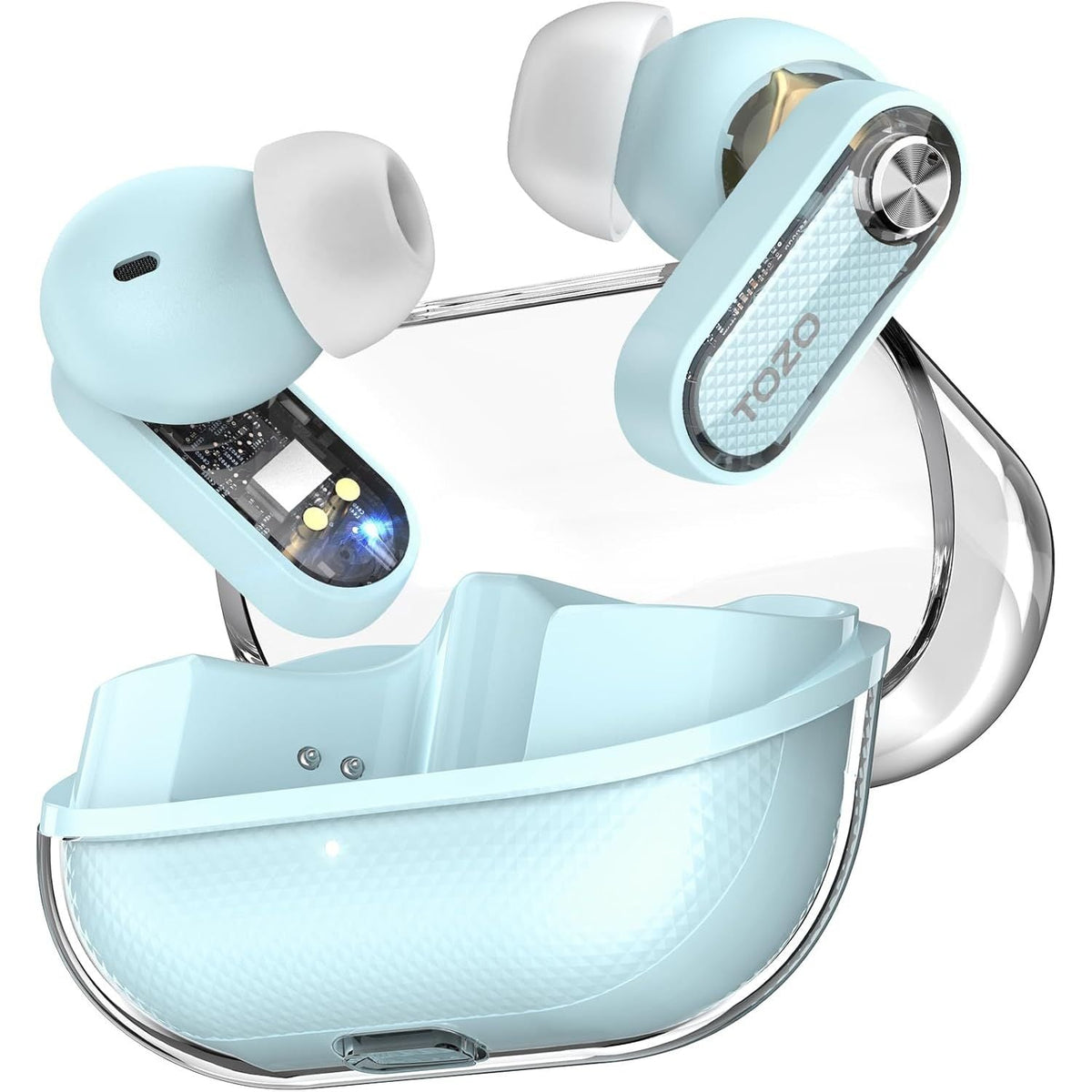 Light blue wireless earbuds with charging case on a white background