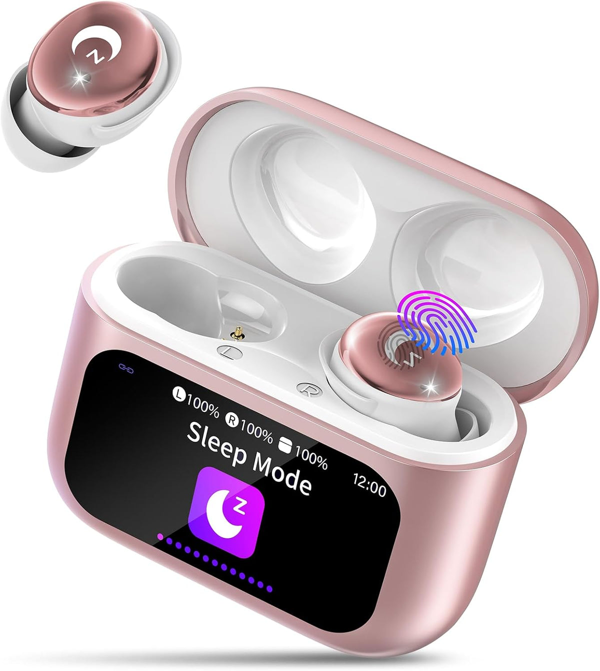 Pink wireless earbuds with charging case on a white background