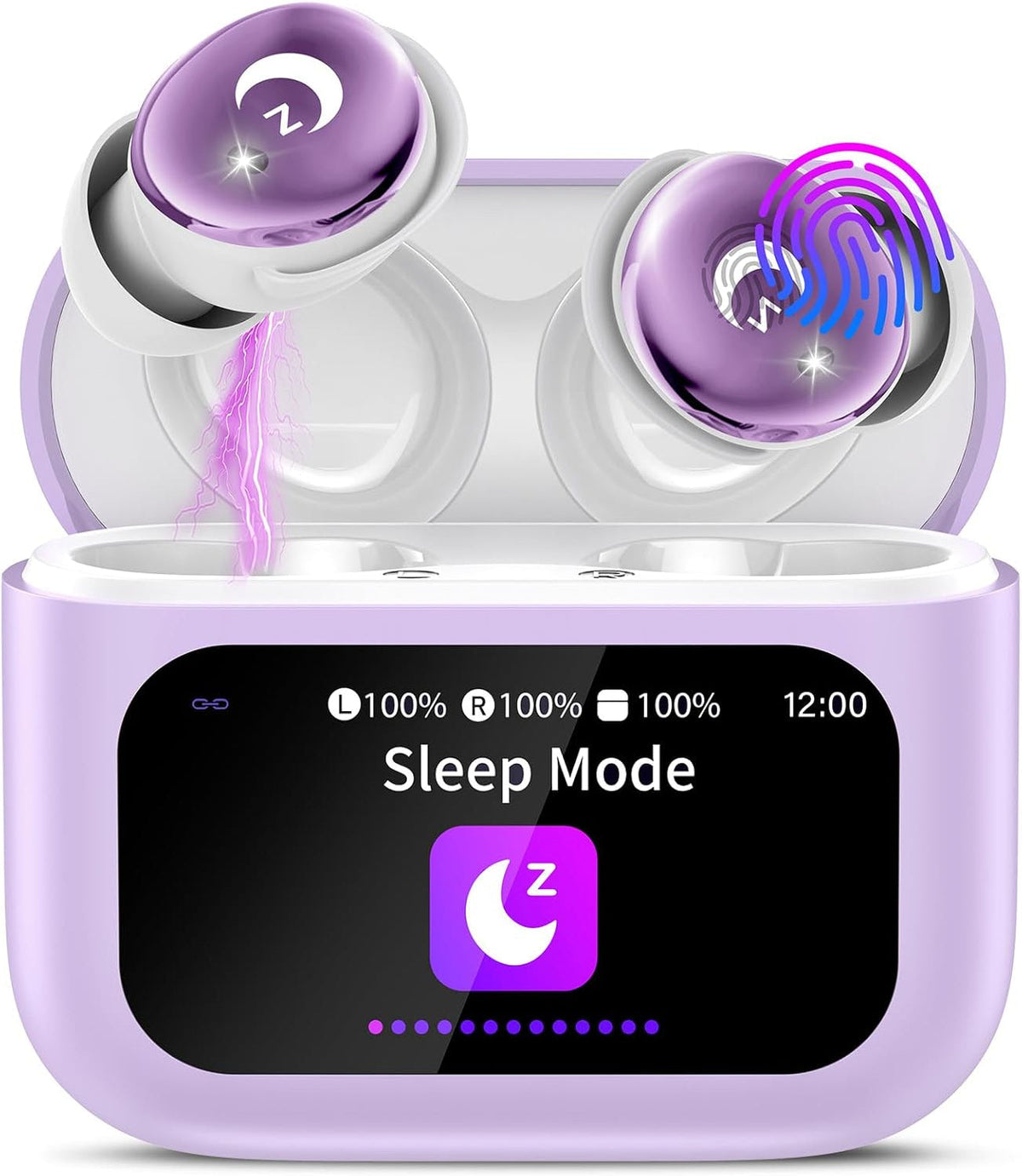 Purple and white electronic device with a screen displaying 'Sleep Mode' on a white background