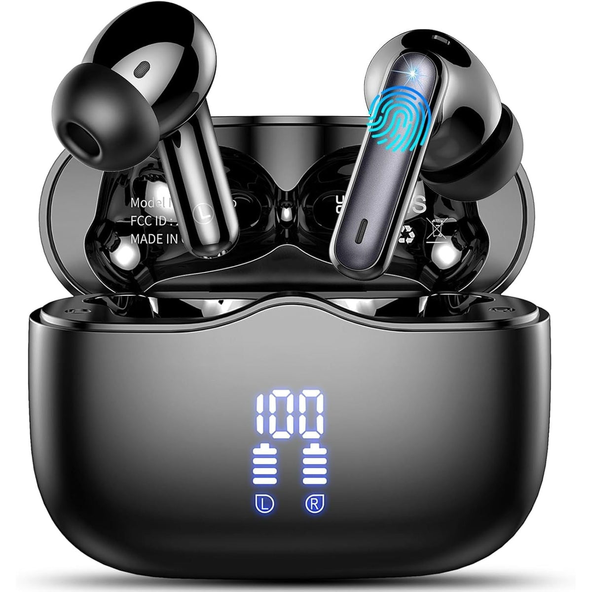 Black wireless earbuds with charging case on a white background