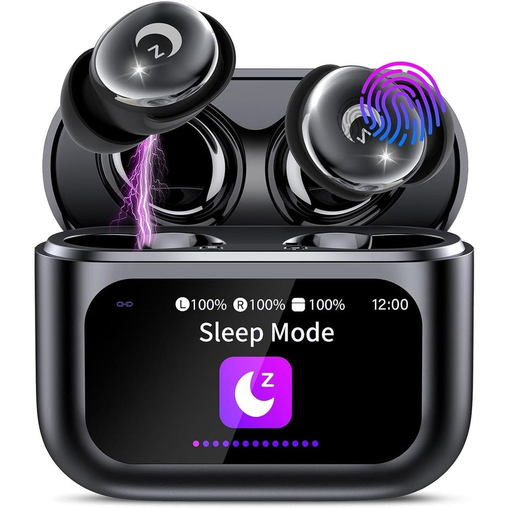 Black wireless earbuds with a charging case displaying 'Sleep Mode' on a white background.